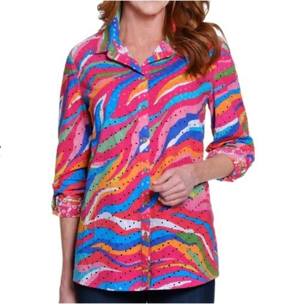 John Mark Womens XL Watercolor Print Eyelet Button Front Shirt NWT